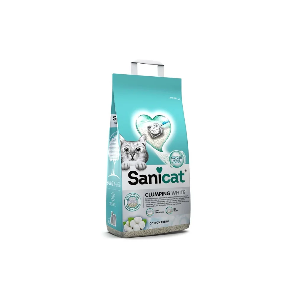 Sanicat Clumping White Topalanan pişik qumu, pambıq ətirli, 10 L