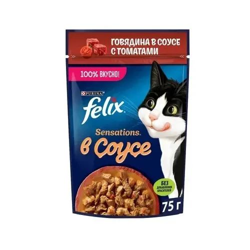 Felix Sensations yaş pişik yemi mal əti və pomidorlu sousda 75 q