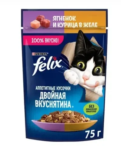 Felix Double Delicious влажный корм для кошек с ягнёнком и курицей в желе 75 г